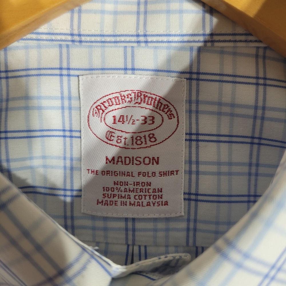 Brooks Brothers Dress Shirt Mens 14.5-33 Blue Madison Plaid Cotton - Picture 3 of 11
